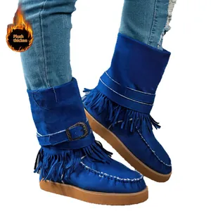 Stylish blue suede fringe snow boots with metal buckle and warm plush lining for winter