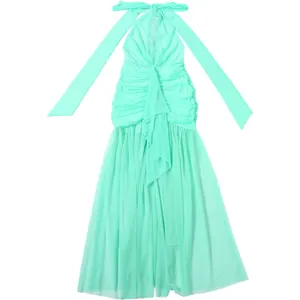 Close-up detail of mint green mesh halter neck pleated dress with ruched design