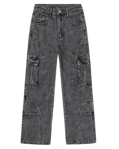 Detailed front view of vintage grey washed straight-leg denim cargo pants for men.