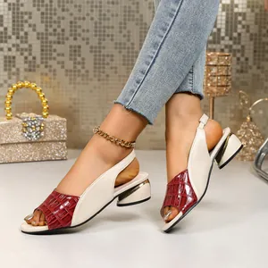 Fashionable red and cream peep-toe sandals with crocodile texture and gold block heel