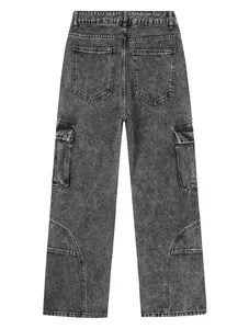 Back view of men's retro acid-wash grey cargo jeans with a straight-leg loose fit.