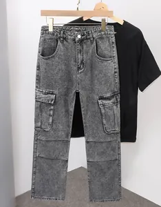 Jean cargo gris délavé à l'acide pour homme avec plusieurs poches style urbain chic