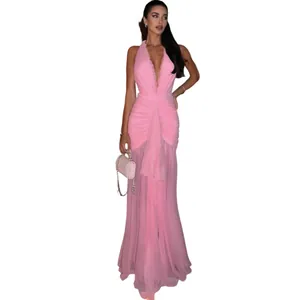 Close-up of pink pleated halter neck dress with delicate mesh splicing detail