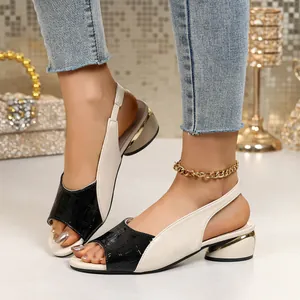 Bicolor peep-toe slingback sandals with elegant gold metallic chunky heel detail