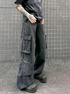 Men Vintage Japanese Cargo Jeans Loose Straight Leg Washed Gray Denim Pants Multi-Pocket Streetwear Fashion Casual Bottoms