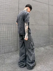 Vintage loose straight-leg cargo denim pants for men in a stylish acid wash grey