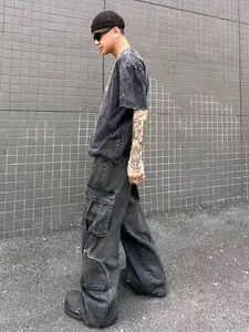 Retro loose fit wide leg cargo jeans in washed grey with multiple pockets for men