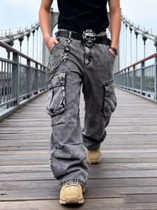 Pantalon Jeans Cargo pour Hommes Multi-Poches High Street Hiphop Large Droit en Denim de Coton Acid Wash Gris