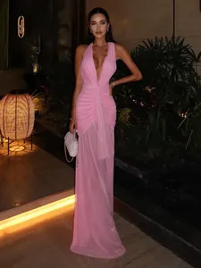 Elegant pink halter maxi dress with ruched bodice and sheer mesh skirt for evening
