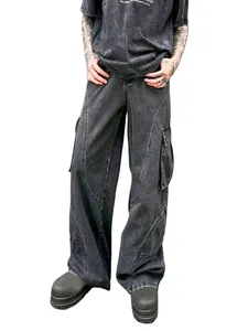 Men's Japanese retro style loose straight-leg cargo jeans in washed grey denim finish