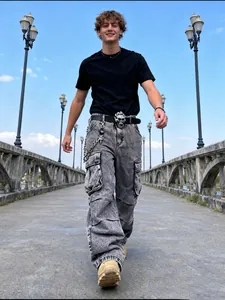 Jean cargo homme décontracté à poches multiples en gris délavé style urbain hip-hop