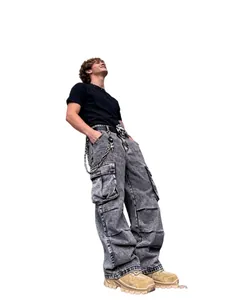 Pantalon cargo en denim large pour hommes avec poches multiples style hip-hop gris