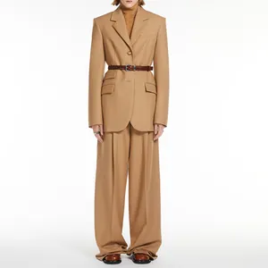 Elegant camel blazer and trousers suit set decorated with premium Japanese horn buttons