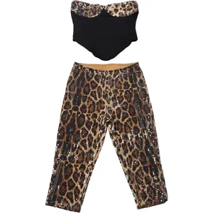 Sexy Damen Set bestehend aus Leoparden-Patchwork-Bustier und Pailletten-Caprihose