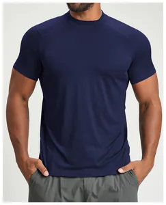 Close-up of a navy blue men's breathable athletic short-sleeve T-shirt for fitness and hiking