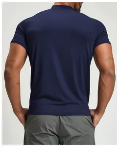 Back view of a navy blue breathable men's athletic T-shirt for fitness and outdoor gym