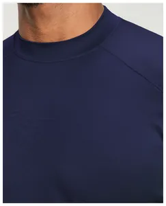 Detailed macro shot of navy blue breathable sports t-shirt showing fine fabric texture