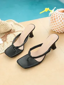 Elegant black square toe thong high heel sandals for a chic summer beach leisure look