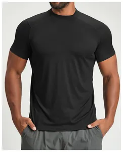 Detailed close-up view of black breathable men's athletic t-shirt with raglan sleeves.