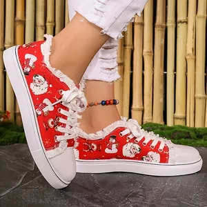 Red Christmas Santa print canvas shoes with frayed edges for women's holiday casual wear