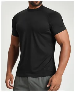 Close-up of men's black breathable athletic t-shirt showing muscle fit and texture