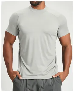 Close-up detail of a men's breathable light gray short-sleeve athletic fitness T-shirt.