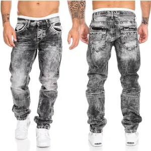 Front and back macro view of men's distressed grey straight-leg faded denim jeans.