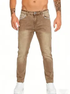 Vintage khaki wash men's straight leg denim jeans with hip hop style pocket details