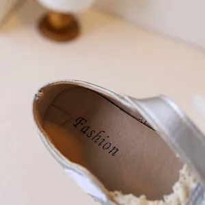 Close-up view of silver girls princess shoe featuring lace trim and Fashion printed insole