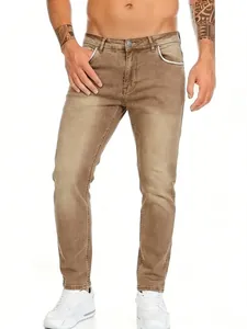 Men's stylish distressed straight-leg denim pants in a trendy tan finish showing full fit