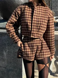 Women's Fashion Houndstooth Two Piece Set Vintage Plaid Jacket and Casual High Waist Shorts Stylish Splicing Outfits