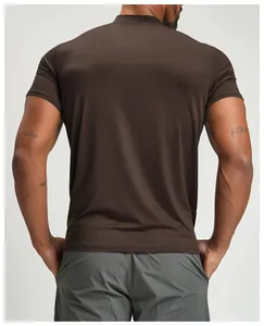 Back view of a men's breathable dark brown sports t-shirt showing slim fit