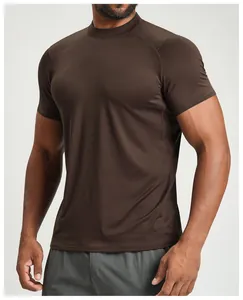 Detail of a brown men's compression athletic t-shirt for fitness and outdoor sports