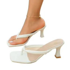 Elegant white square toe thong sandals with high heels for women, stylish summer footwear