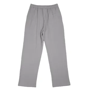 Back view of grey breathable linen casual pants with elastic waist and pocket