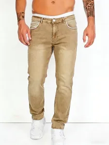 Men's distressed tan straight-leg jeans with vintage hip-hop style detailing