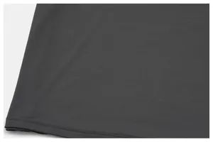 Close-up detail of the breathable dark grey sports T-shirt fabric and hem stitching
