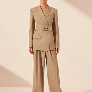 Elegant minimalist beige women's professional blazer suit set with matching wide-leg trousers