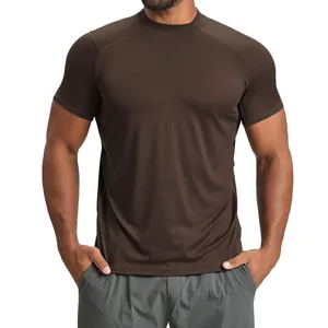 Men's brown slim-fit breathable athletic short-sleeve T-shirt for fitness and hiking