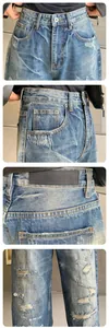 Detailaufnahmen einer blau gewaschenen Straight-Leg-Jeans mit Distressed-Löchern
