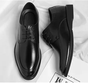 Macro detail of classic black lace-up business leather shoes featuring elegant textured patterns