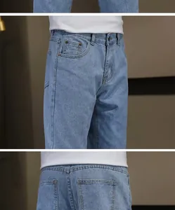 Detailopname van een lichtblauwe slim-fit spijkerbroek voor heren met zak- en taillebord