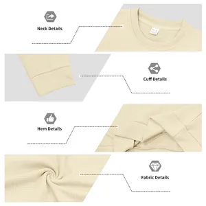Nahaufnahme der Textur- und Nahtdetails eines cremefarbenen Herren-Sweatshirts mit Rundhals