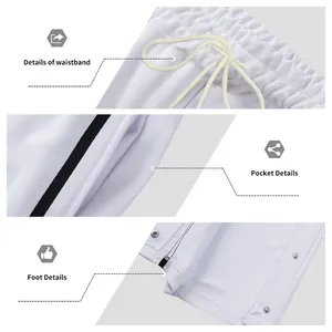 Gedetailleerde weergave van witte broek met drukknopen, tailleband, zakken en zoom