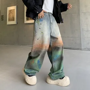 Men's Rainbow Gradient Tie Dye Loose Straight Leg Jeans Artistic Water Washed Paint Splatter Streetwear Denim Pants