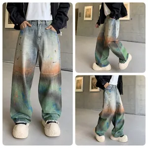 Trendy loose straight fit rainbow tie-dye washed denim jeans for men with streetwear style