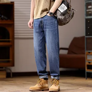 Men's Plus Size Straight Leg Jeans Autumn Winter Stretch Denim Pants Washed Casual Straight Fit Jeans Retro Blue