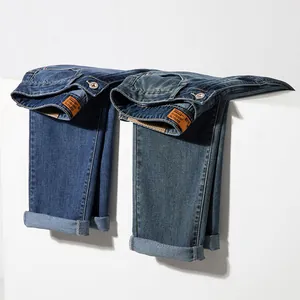 Classic men's stretch straight leg denim jeans in dark blue and medium washed finishes.