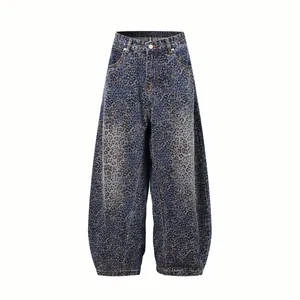 Pantalones Retro Americanos con Estampado de Leopardo Degradado Pierna Ancha Corte Relajado Pantalones Casuales Curvados para Hombre Mujer Pelo de Conejo Chenilla