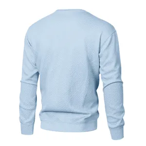 Rückansicht eines hellblauen Langarm-Sweatshirts mit diagonalen strukturierten Mustern